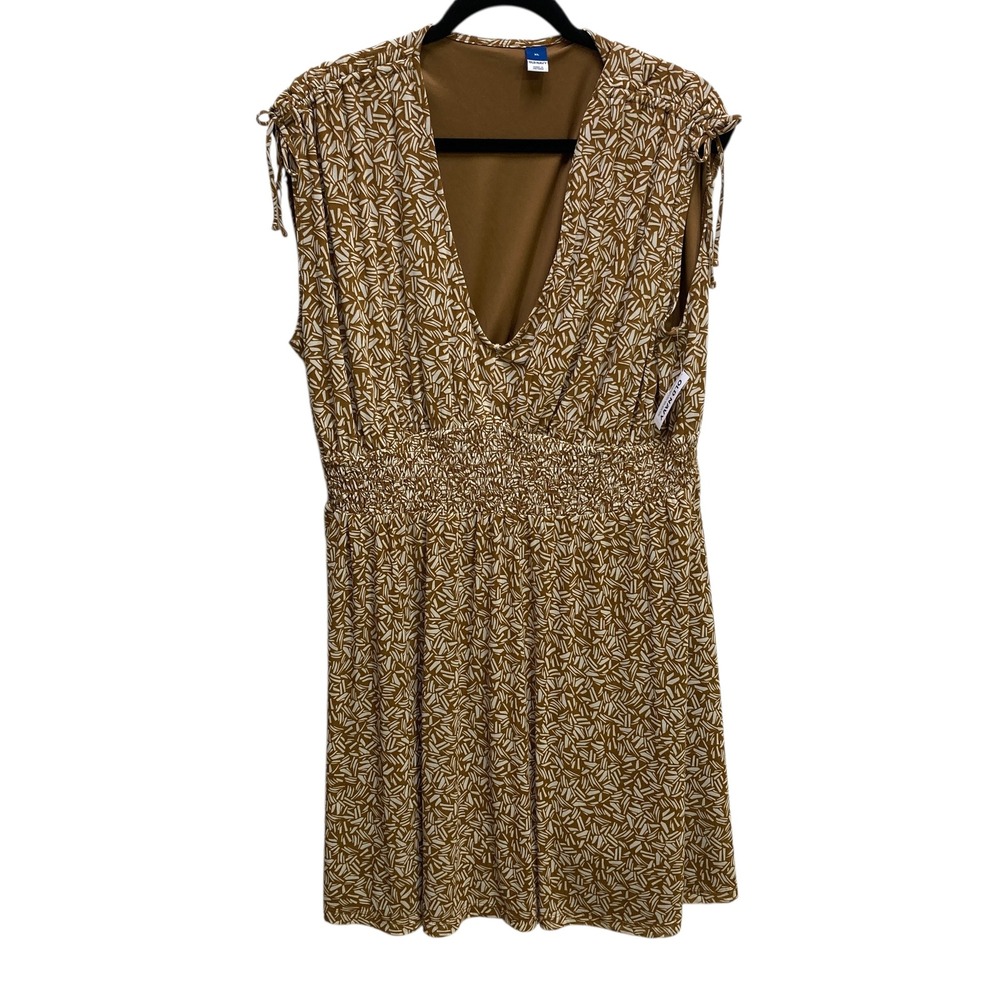 Old Navy Womens XL Brown Geometric Mesh V-Neck Smocked Fit & Flare Dress NWT